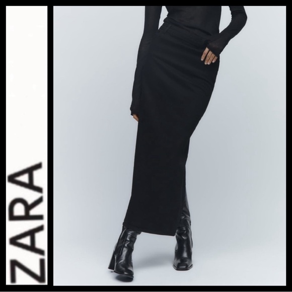 NWOT Zara Black Denim Maxi Skirt with High Slit - Picture 3 of 10